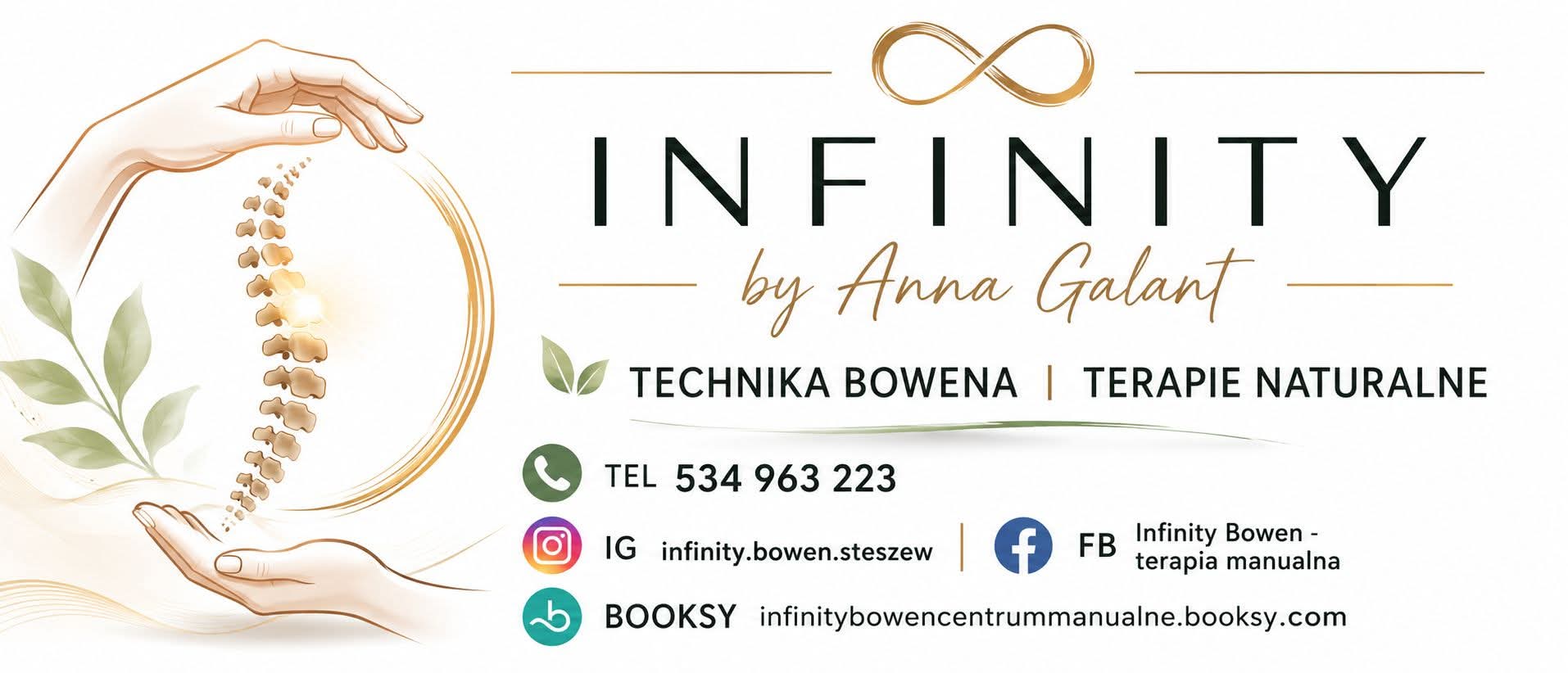 Infinity by Anna Galant — baner marki z motywem dłoni, kręgosłupa i liści oraz danymi kontaktowymi